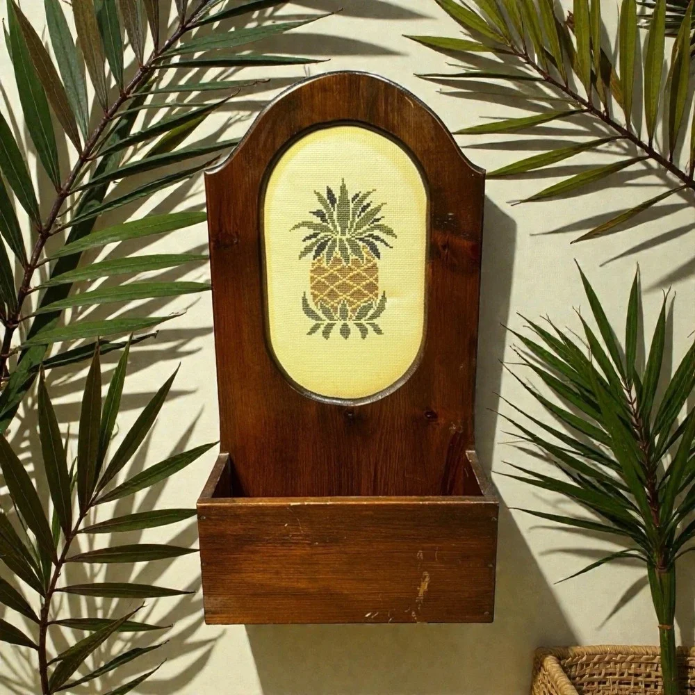 Vintage Pineapple Wall Pocket Mail Holder Needlepoint Wood Tropical Island Decor
